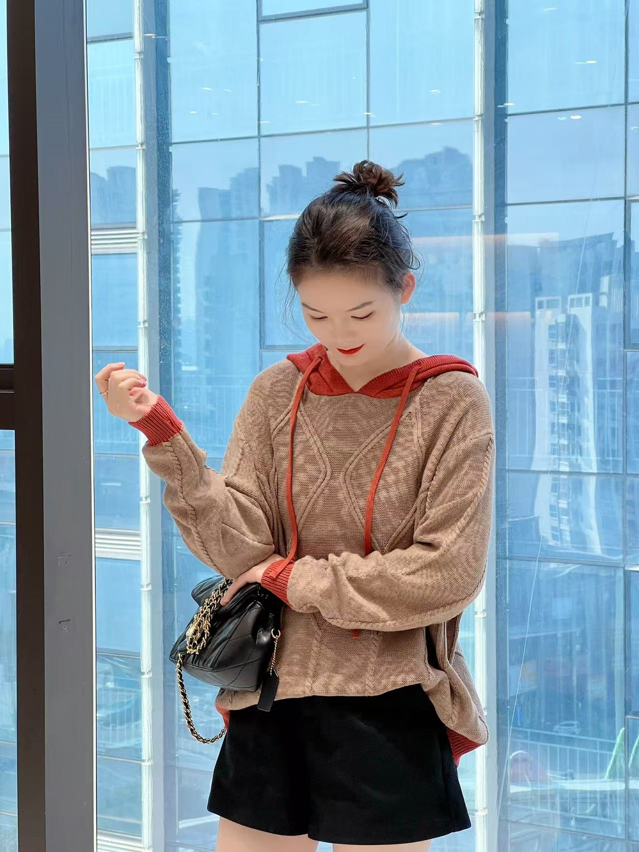 普拉那 477韩版显瘦连帽春冬季宽松百搭休闲款针织衫