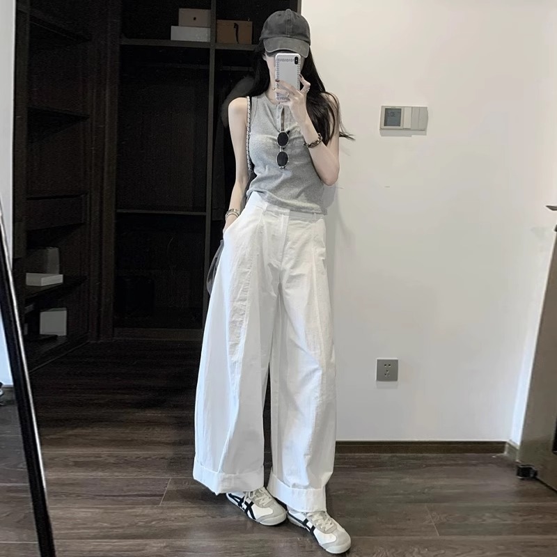 夏季休闲风小个子灰色上衣女2025年搭配白色高腰长裤时尚两件套装