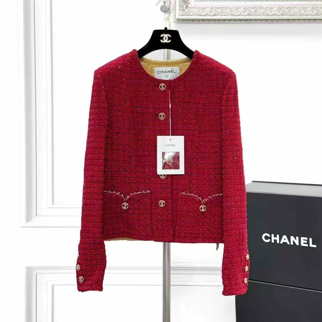 99新 Chanel/香奈儿 36码23B秋冬预告红色粗花呢两口袋外套