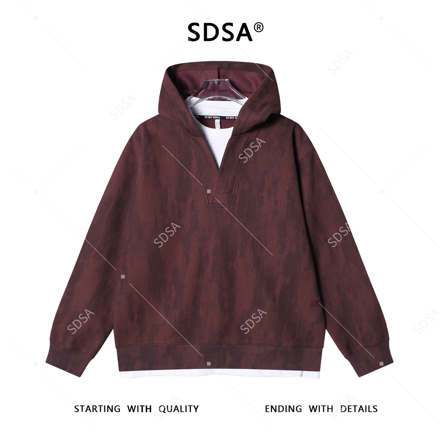 SDSA男士秋冬新款痞帅男装韩版扎染撞色连帽假两件卫衣简约百搭