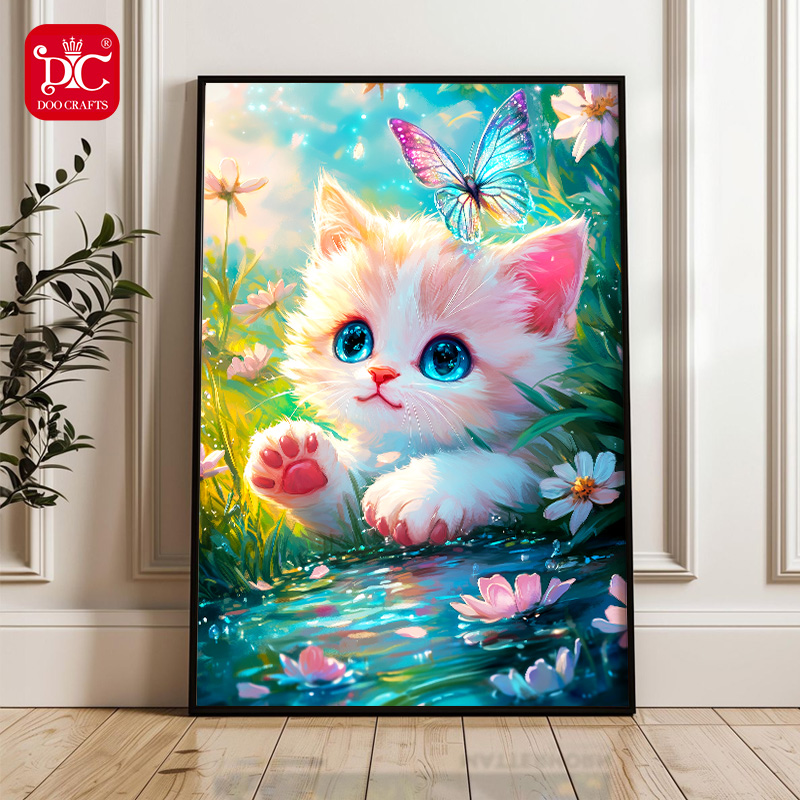 新款客厅钻石画花影蝶趣小猫画卧室装饰手工diy点贴钻十字绣DIY