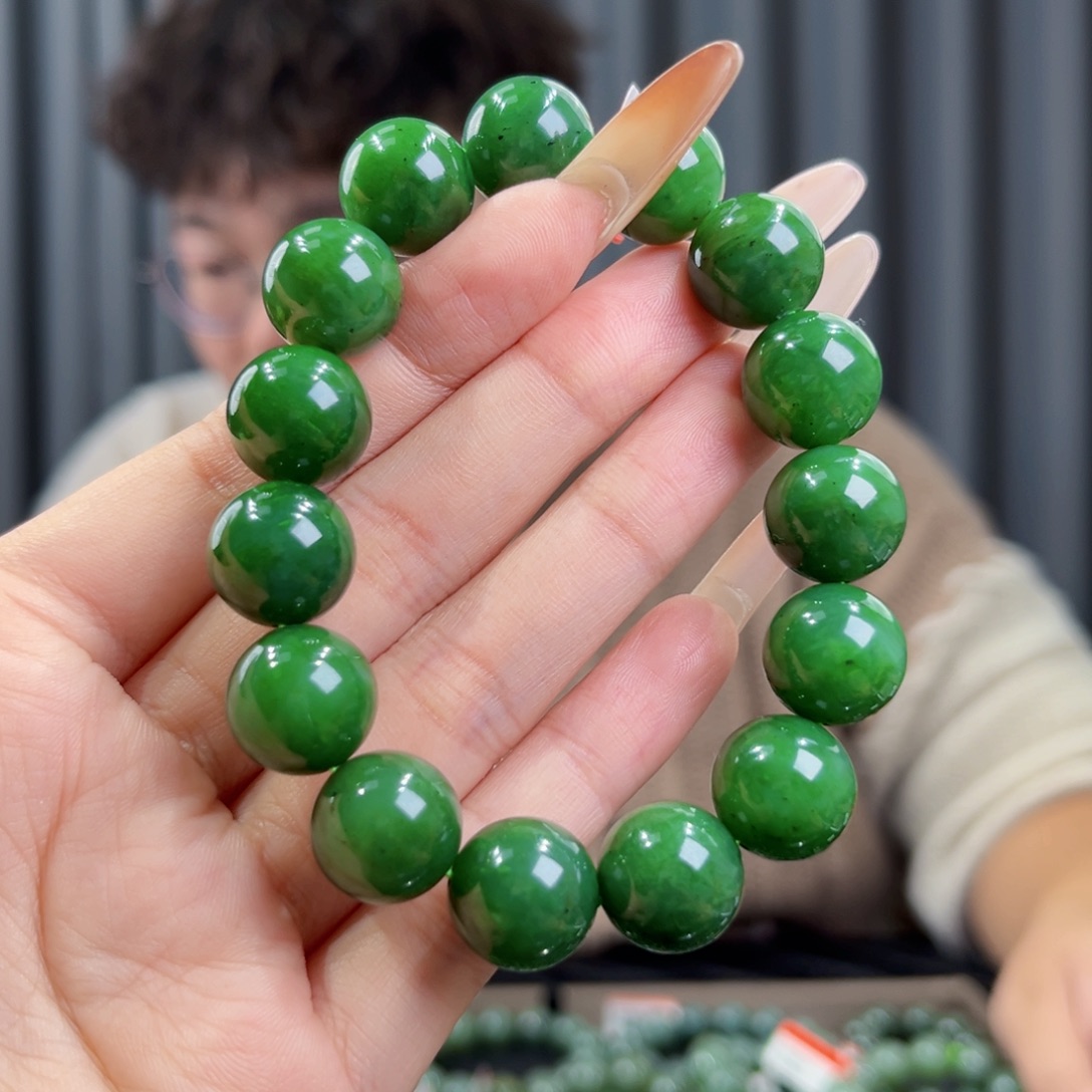 和田玉未镶嵌手串天然和田玉俄碧辣阳绿手串14