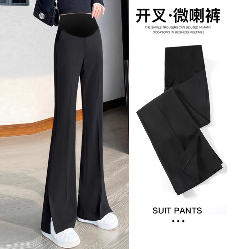 1510孕妇裤子春秋款外穿黑色开叉微喇叭阔腿裤秋装托腹长裤