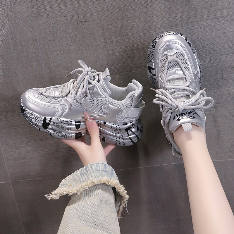 网红爆款休闲老爹鞋女2025春夏新款网面透气百搭厚底增高运动鞋子
