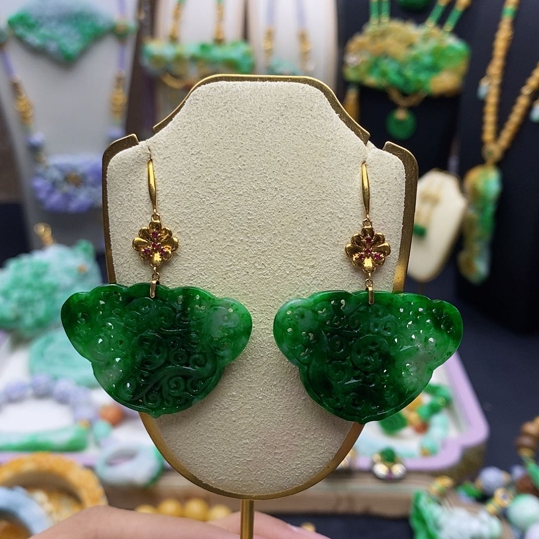 翡翠耳饰18K金镶嵌天然