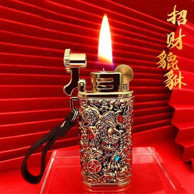 正品首领煤油打火机招财纯铜貔貅浮雕创意防风复古砂轮高档男士潮