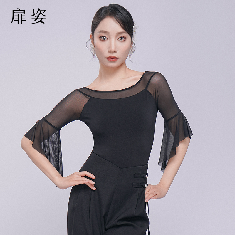 扉姿 摩登舞服女夏季新款国标舞练功服连体衣圆领跳舞上衣M1086