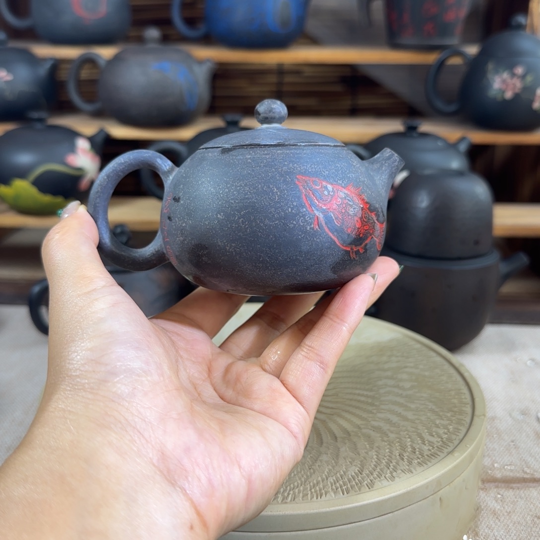 建水紫陶全手工手磨微雕系列 河豚 150cc