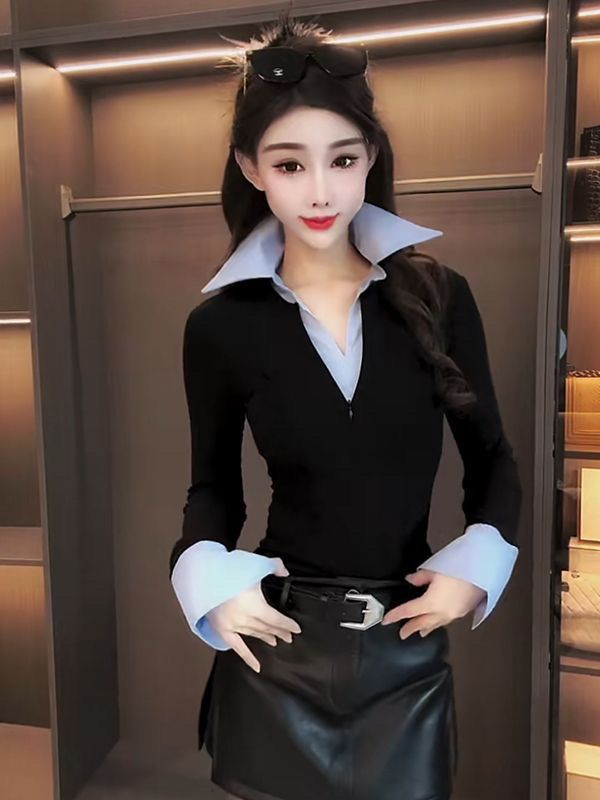 撞色条纹拼色拼接T恤时尚长袖春秋修身韩版百搭设计感