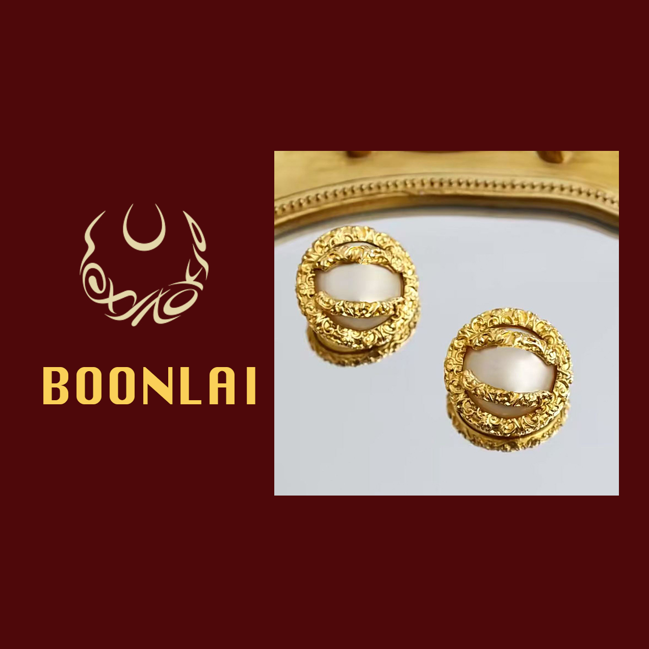 铜合金仿珍珠耳饰 Boonlai 中古复古金色浮雕珠珠字母耳环