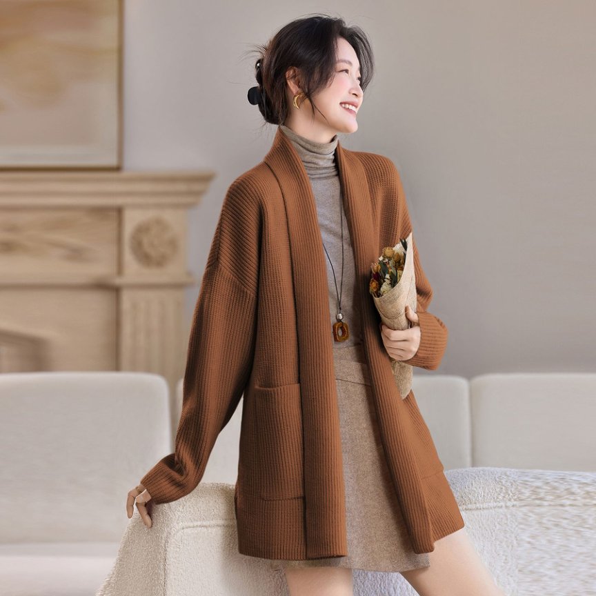 短款秋冬翻领上衣落肩袖圆领休闲花纹针织毛针织衫