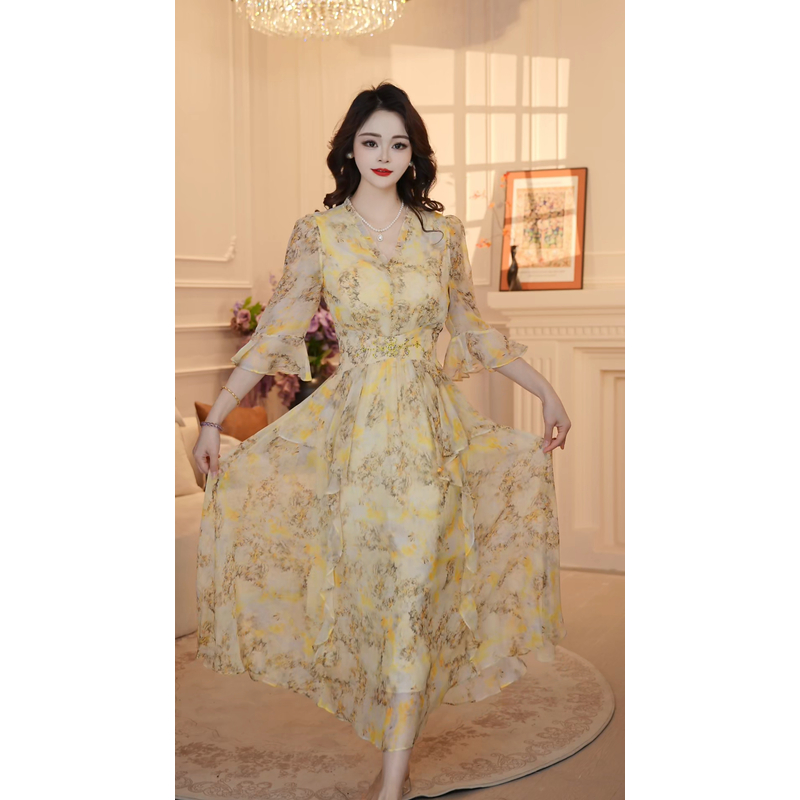 【碧落轻纱】25年新温柔名媛风优雅气质收腰高端长款连衣裙