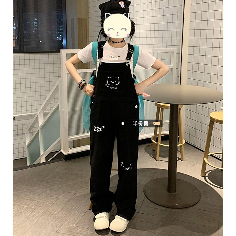 日系新款可爱背带裤超萌宅系萝莉牛仔裤女颜文字设计感甜妹连体裤