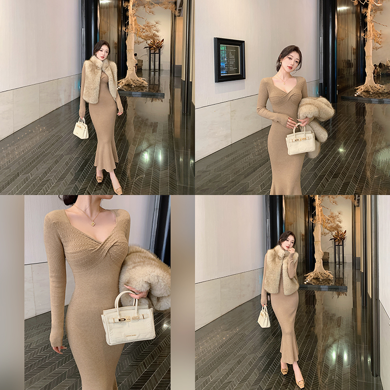 【汪汪专属】百搭气质优雅女冬鱼尾裙V领包臀鱼尾长袖连衣裙