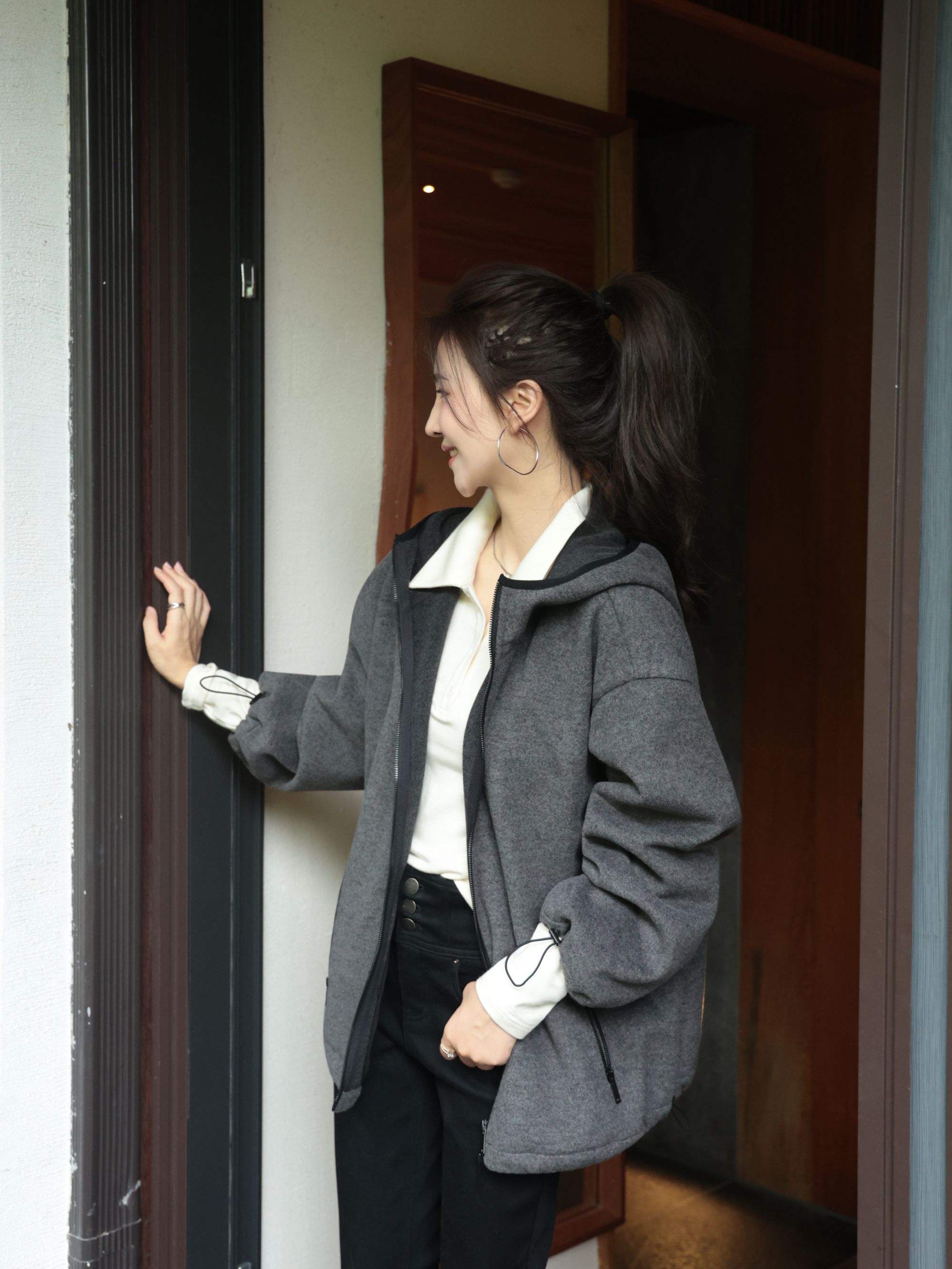 NINGLYNN STUDIO【轻暖系列】早秋慵懒风灰色卫衣外套 360368