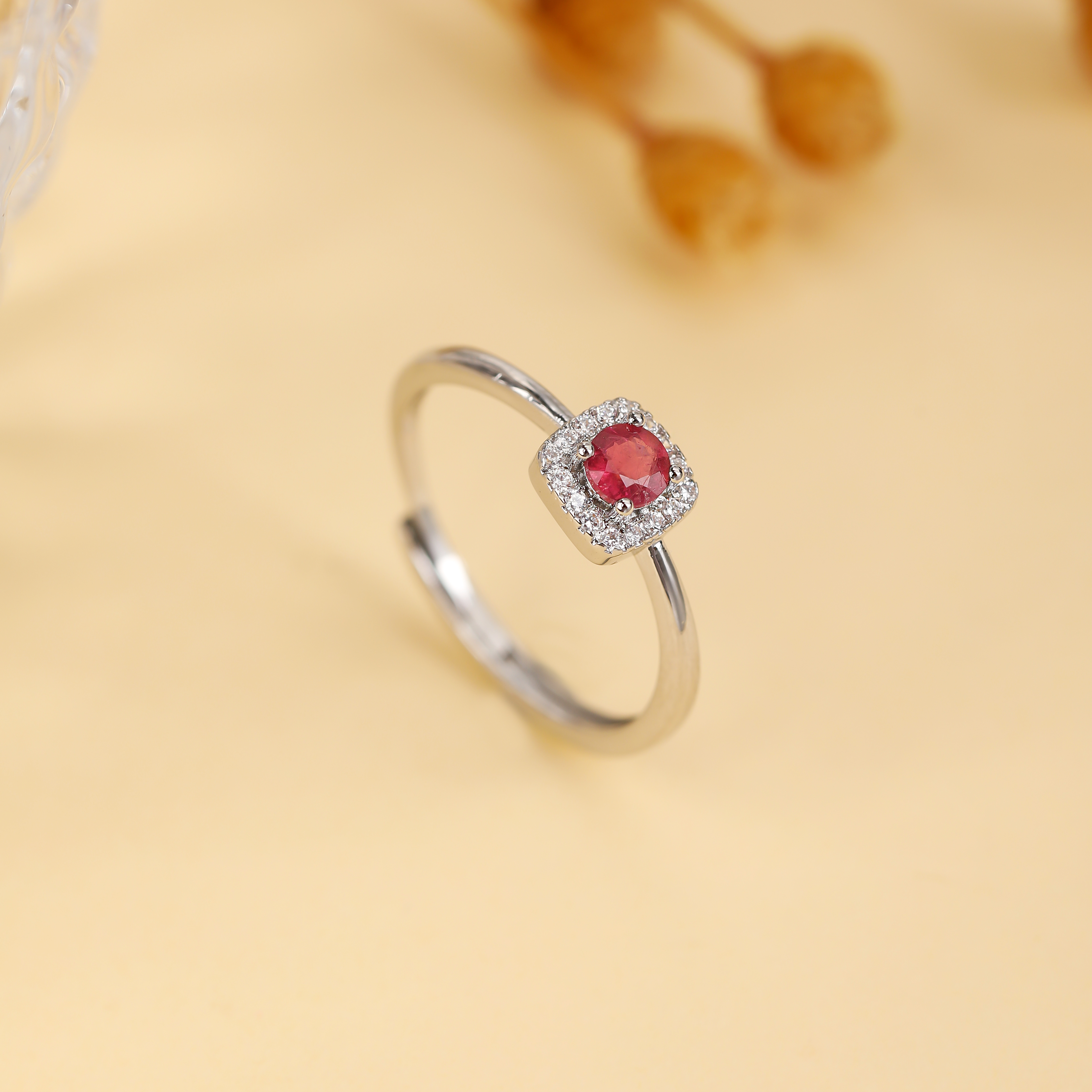 TR024天然石榴石女生戒指镶嵌4mm宝石指环时尚大气开口可调节戒圈