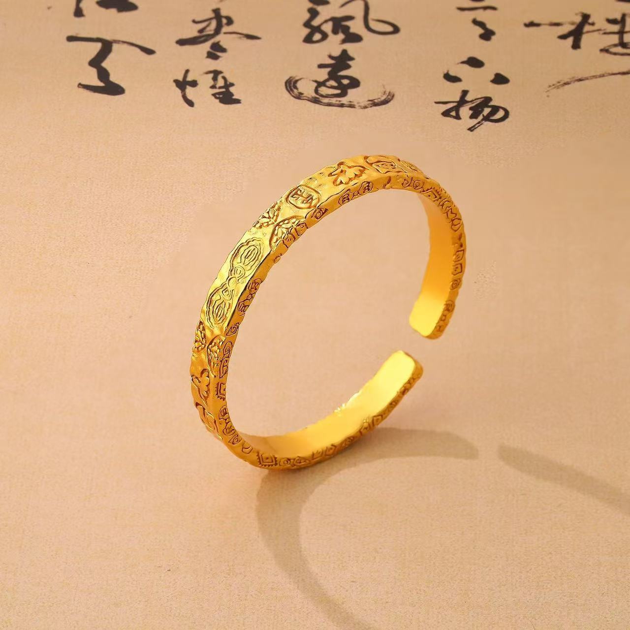 铜合金手镯 錾刻吉言手镯女款新中式复古开口古法设计气质高级
