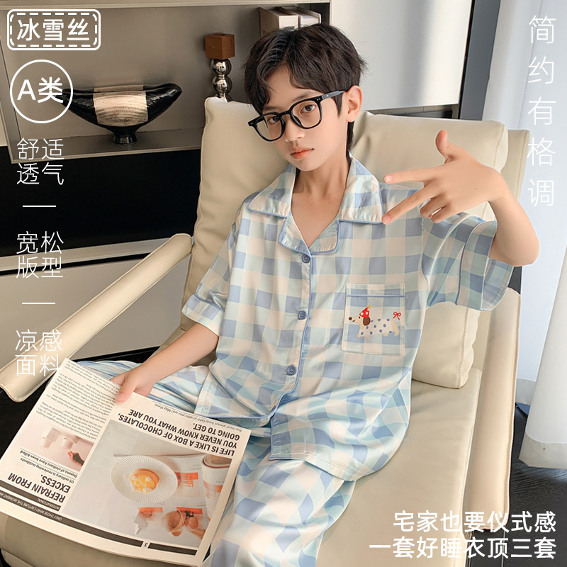 2025春夏男童冰丝套装凉爽舒适中大童家居服三件套短袖套装258021