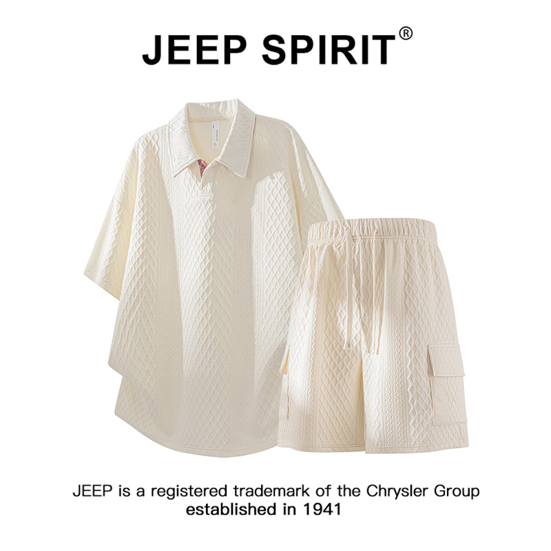 JEEPSPIRIT吉普夏季款华夫格翻领T恤套装男肌理感短袖短裤两件套