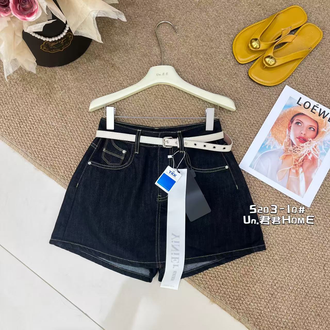 君君家【黑金裙裤】5203-10高腰设计感配皮带黑金色无弹牛仔裤裙