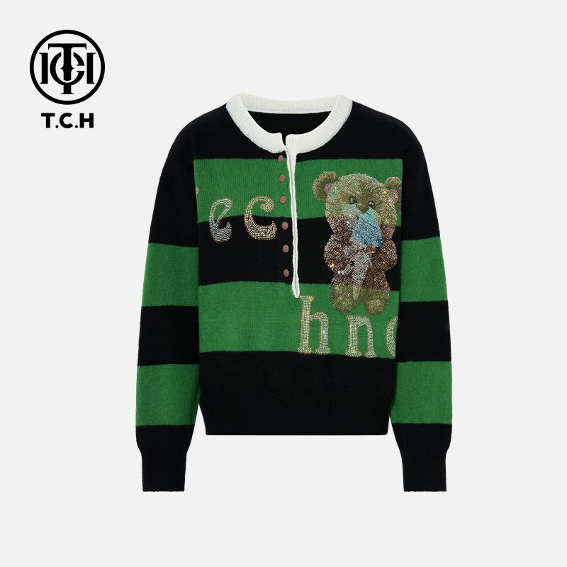 TCH私服秋冬慵懒风烫钻时尚淑女绿色针织衫女T75D09E1076轻奢tch