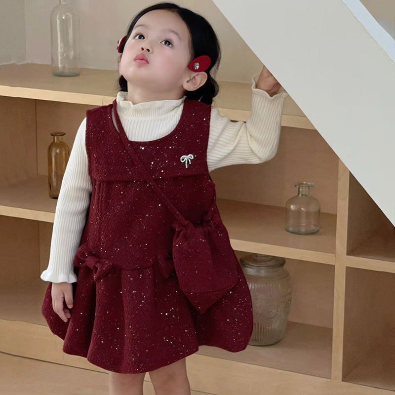 25秋冬"树莓甜心"女童针织上衣＋无袖加绒蝴蝶结连衣裙2585