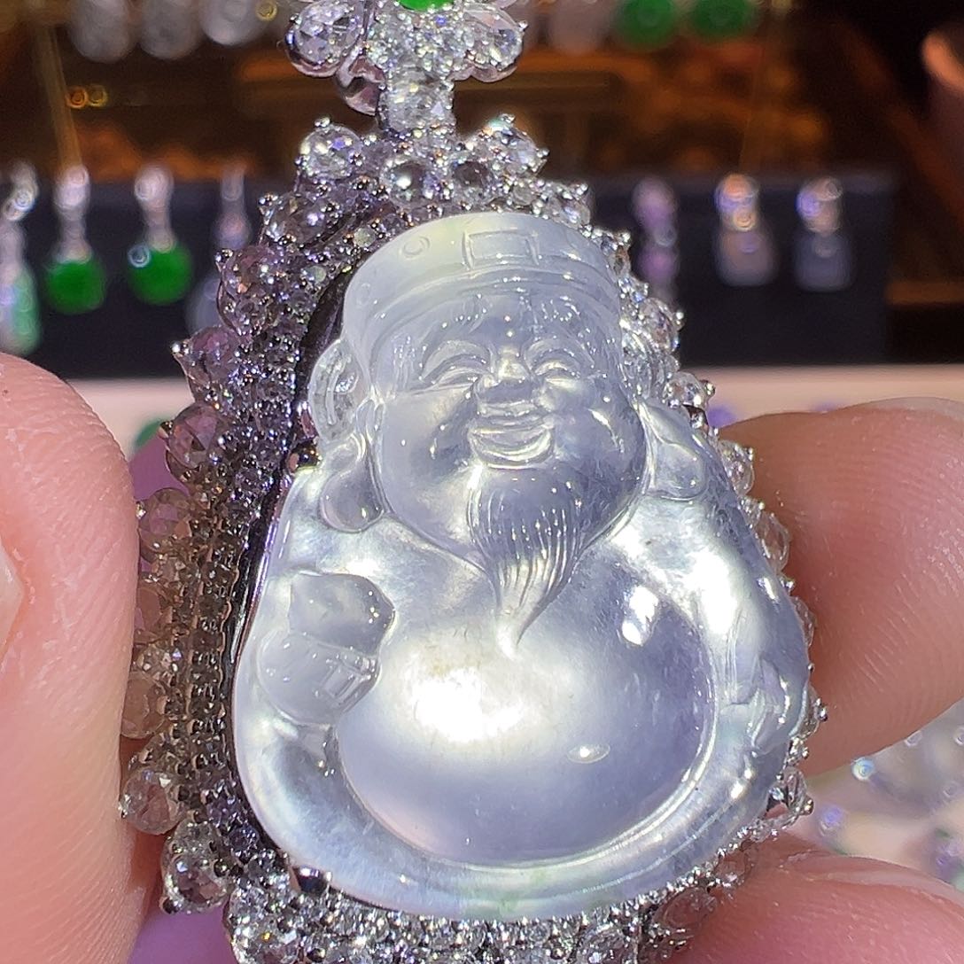 翡翠吊坠(赠链)18K金镶嵌玻璃种极光白财神