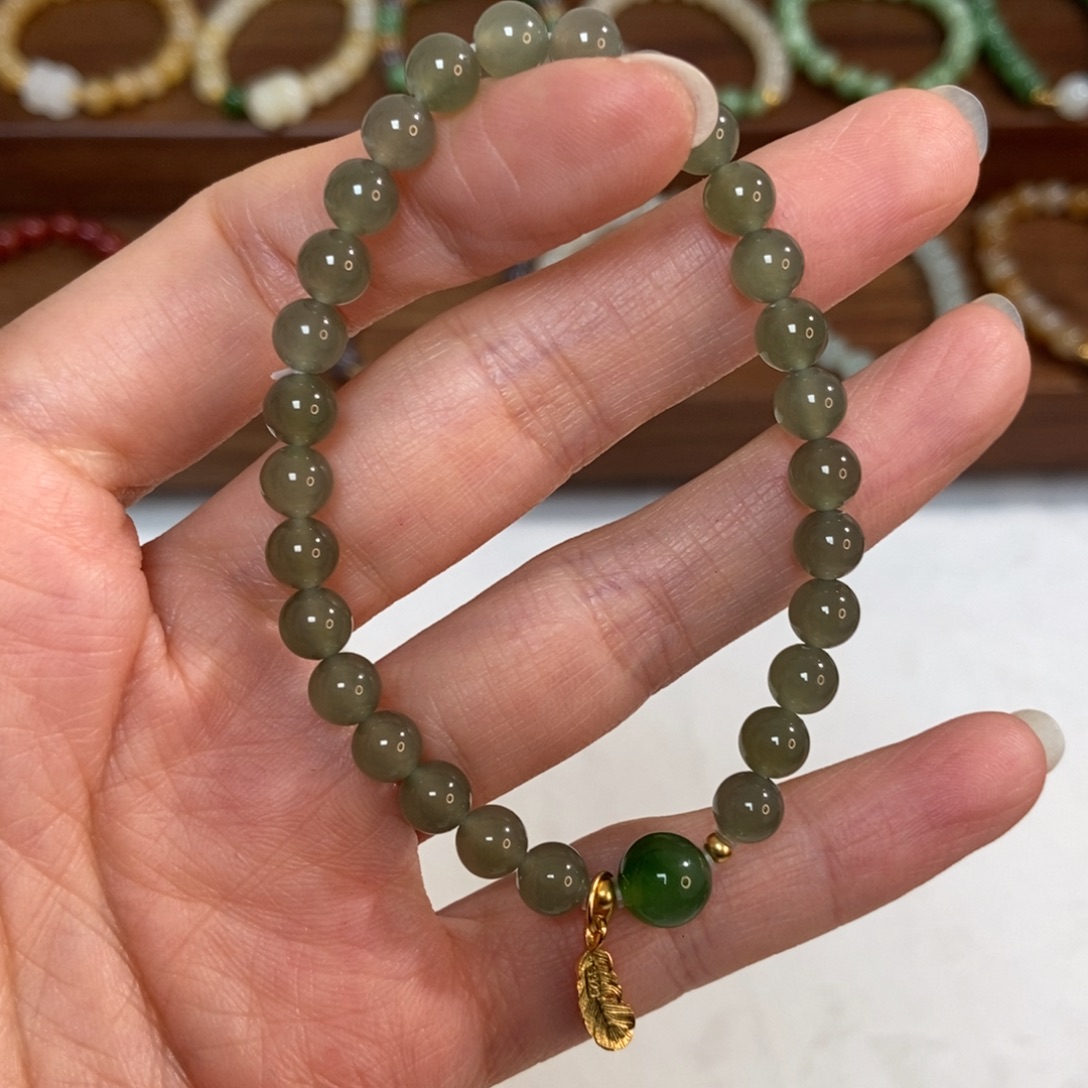 和田玉银S925镶嵌手链福利6mm冰湖水绿