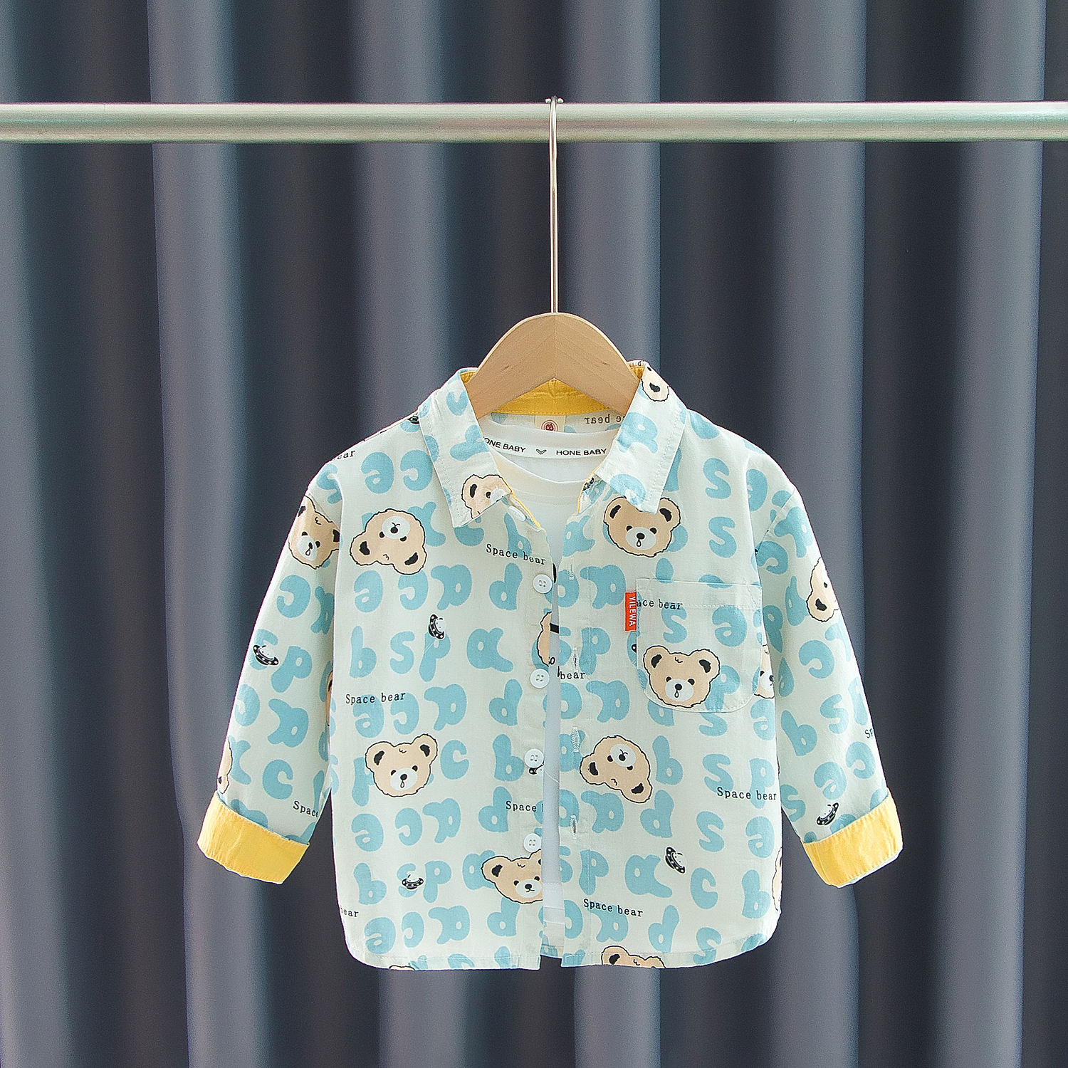 纯棉儿童印花可爱卡通小熊翻领婴儿衬衫春秋宝宝长袖洋气男童衬衣