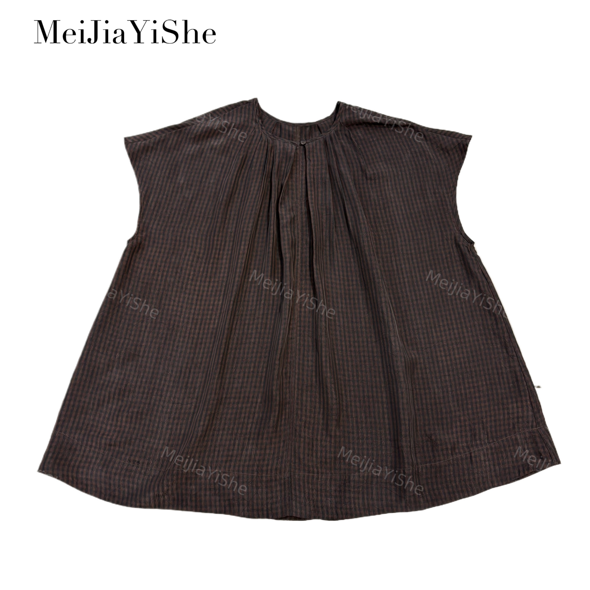 梅家2025新款复古休闲圆领慵懒褶皱上衣