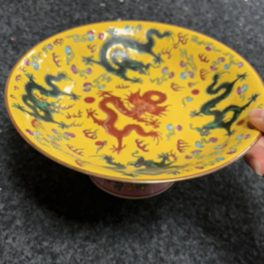 五龙高脚果盘手绘