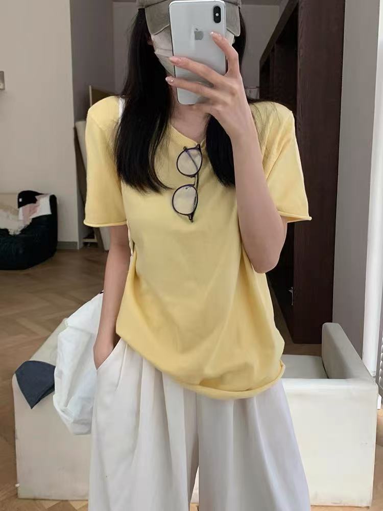 多巴胺复古纯色卷边圆领正肩半袖t恤女2025夏季温柔百搭针织上衣