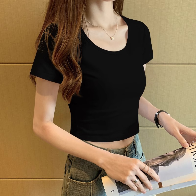 黑色t恤女短袖短款露脐高腰紧身显瘦小个子夏季新款修身圆领上衣