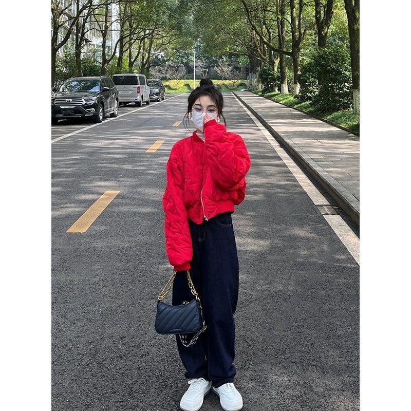 红色Vintage小个子服女ins港风短款棒球服本命年秋冬菱形服