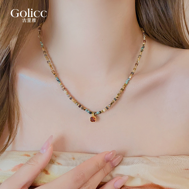 合金项链 夏日多巴胺串珠方糖锆石吊坠项链女高级感轻奢手工气质