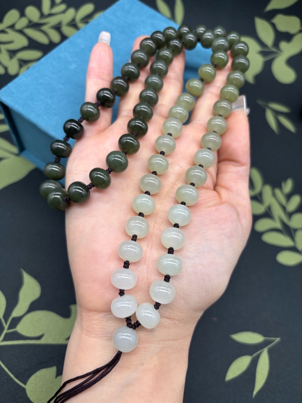 高端纯天然和田玉渐变湖水绿算盘珠10mm玉石挂件绳项链毛衣链长链
