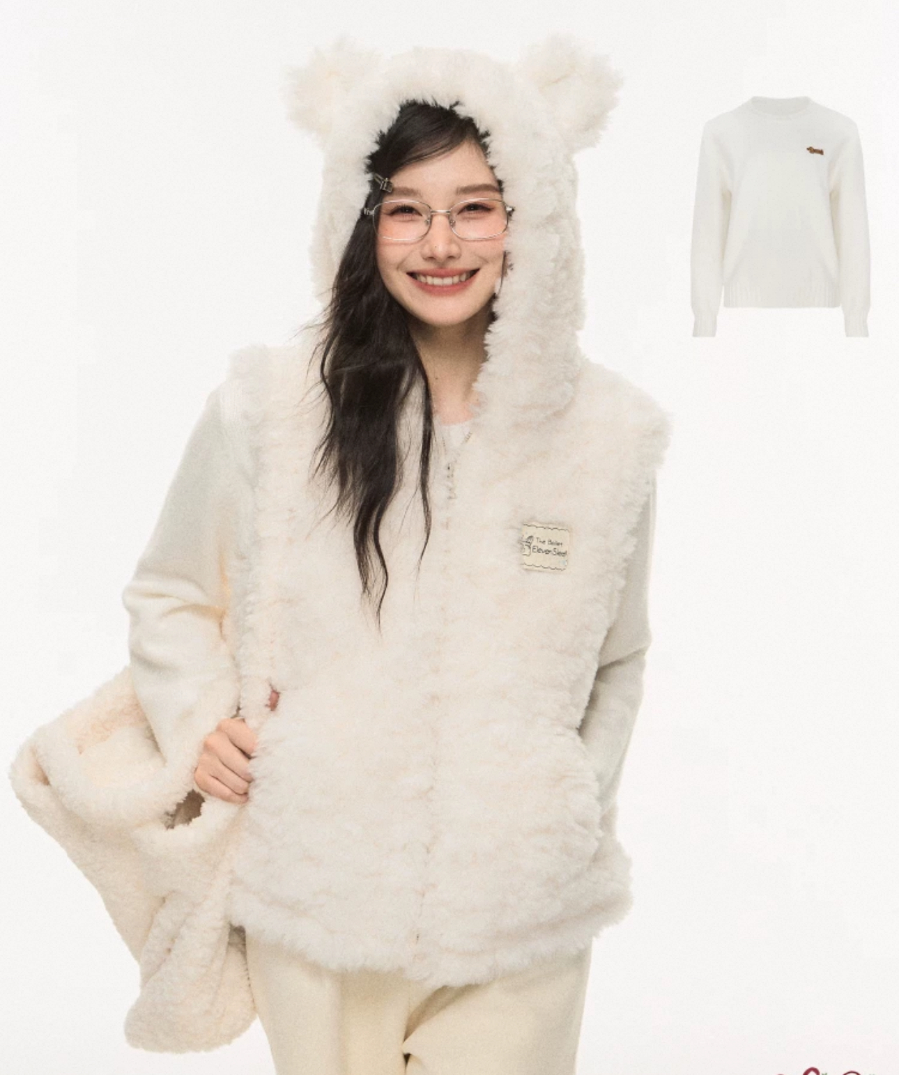 连帽马甲背心女秋冬加厚叠穿保暖羊羔绒上衣外套裤子套装