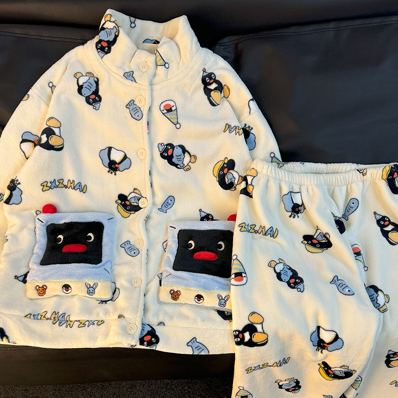 侘町2025新款机器人pingu法兰绒睡衣女秋冬款加绒加厚家居服冬季