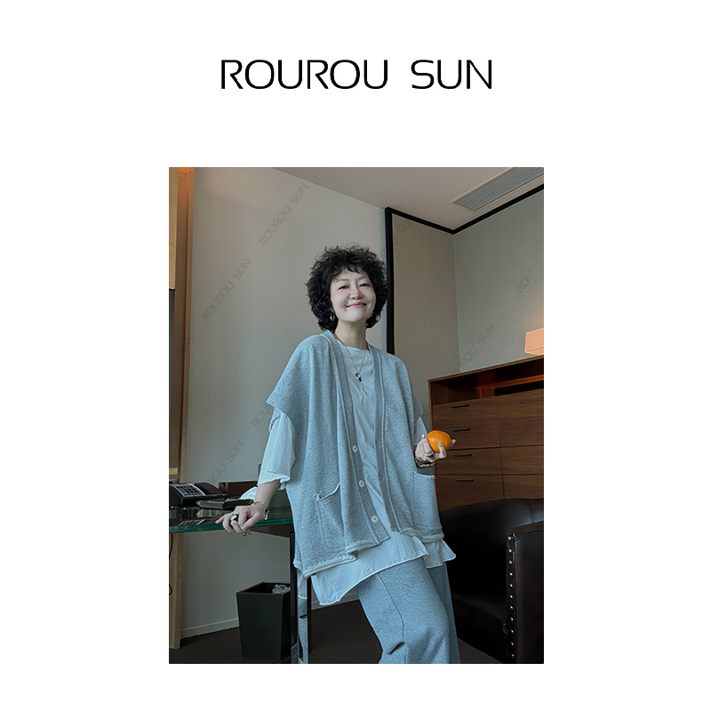 23918韩版宽松显瘦百搭无袖马甲背心女外搭开衫坎肩上衣