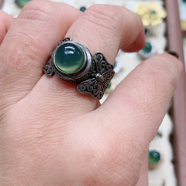 蛇纹石玉戒指银S925镶嵌哲**语