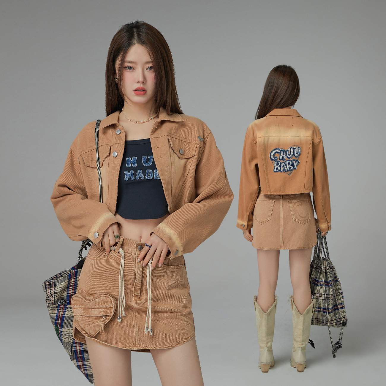 CHUU牛仔短外套女2023年春新品字母毛巾绣宽松小个子长袖短款上衣