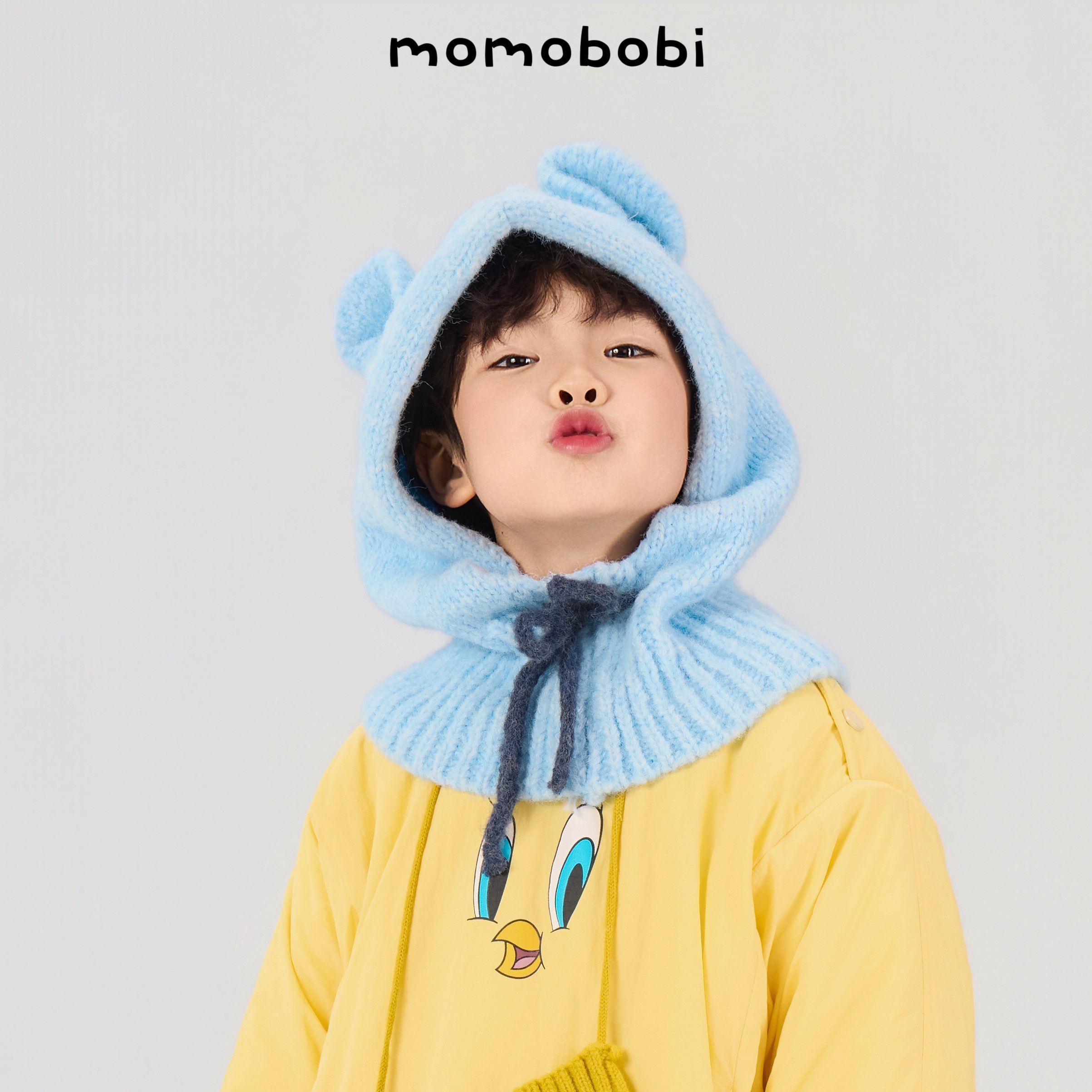 momobobi冬季新款可爱耳朵巴拉克拉法帽子围脖一体保暖护耳毛线帽