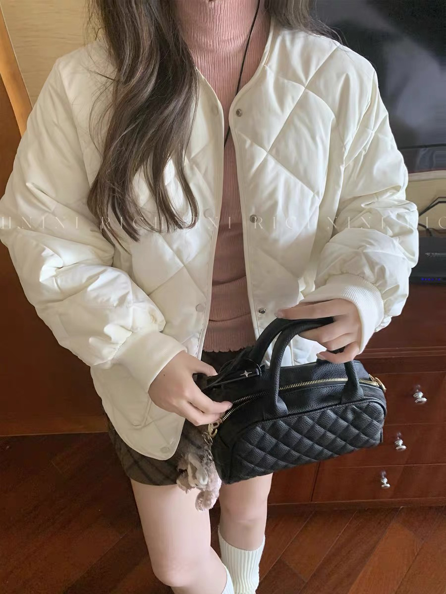 瑕疵！瑕疵！短款菱格轻薄面包服小个子无领外套