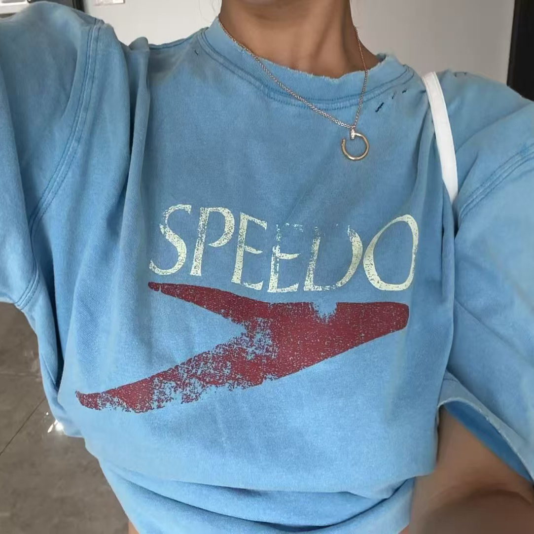 模特自留新款 颜色很美的水洗宽松字母蓝色短袖T恤女