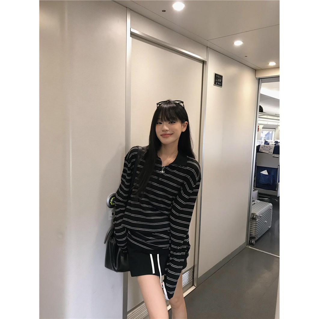专属条纹撞色polo领长袖上衣女夏季新款韩系气质设计感百搭防晒衫
