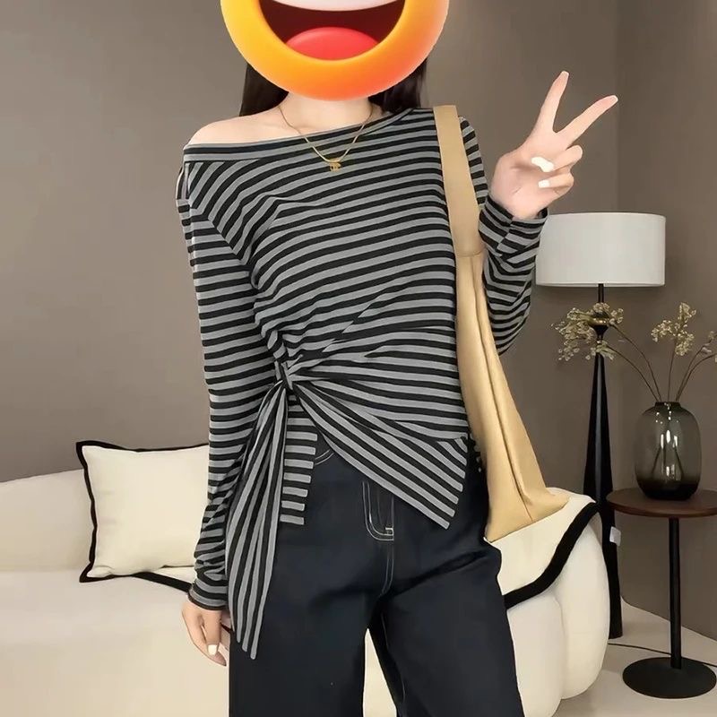 【运补6-8】2025新款斜领长袖T恤女百搭纯欲风显瘦不规则休闲上衣