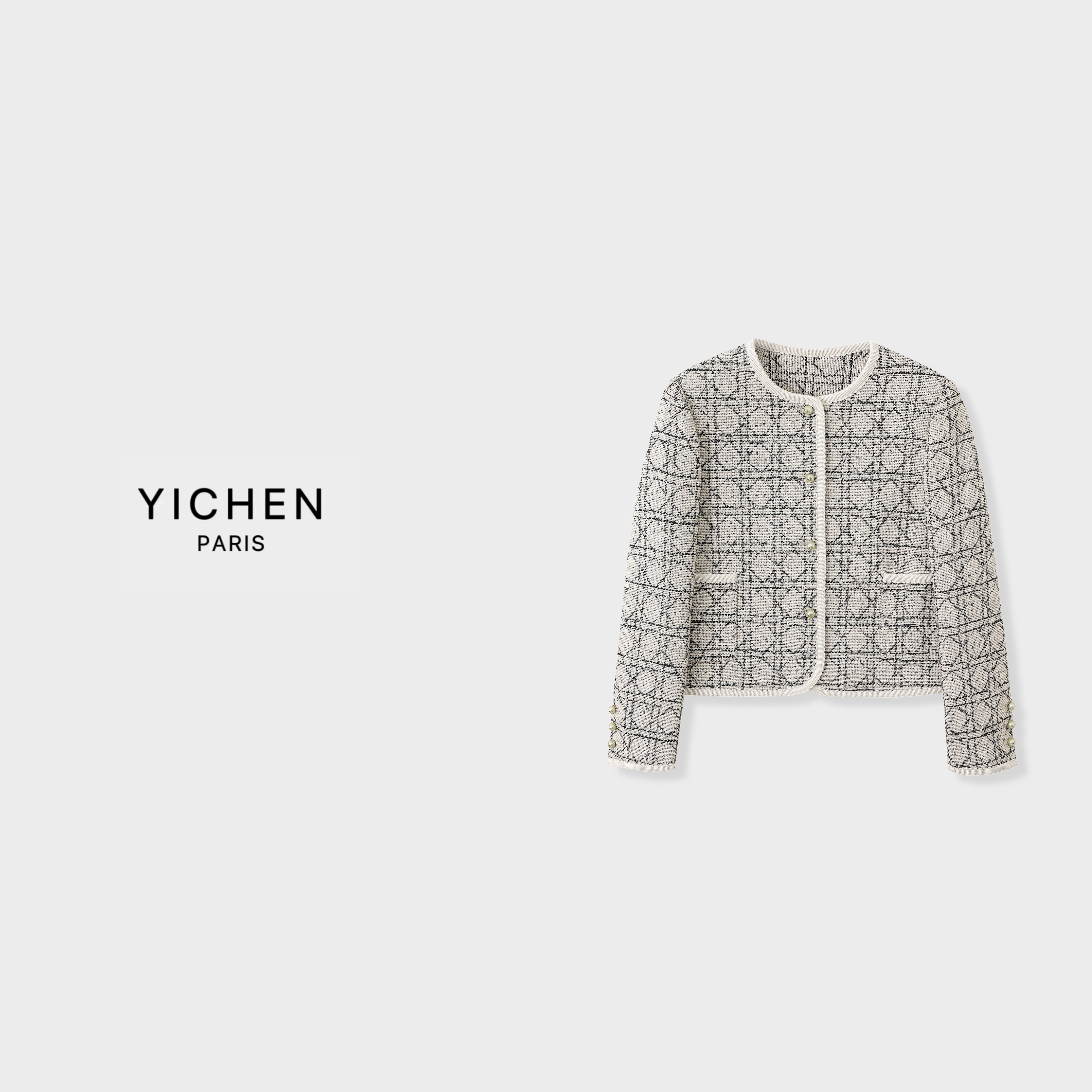 YC 银白藤格纹系列圆领珍珠扣外套/双口袋A字半裙-1819