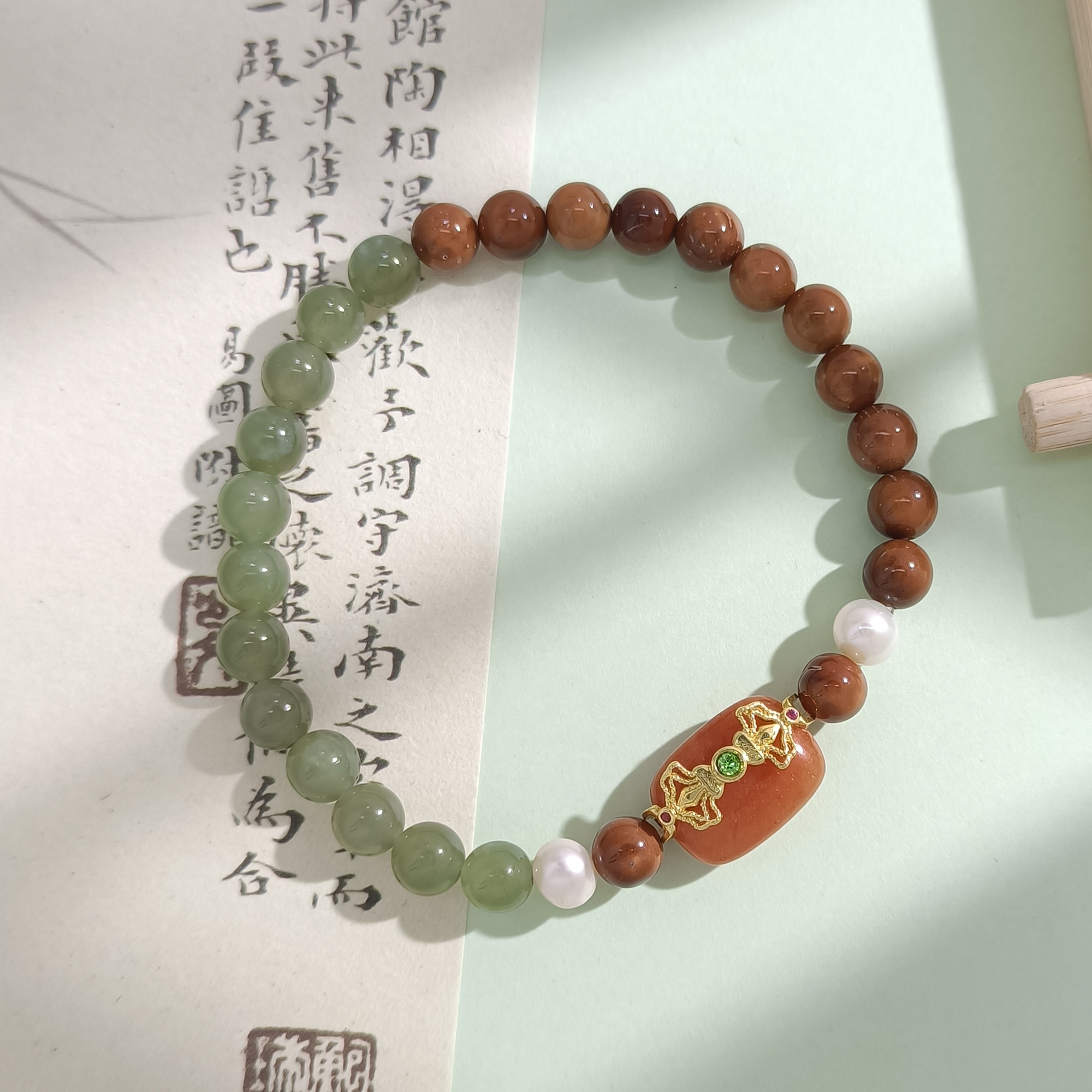 WMY-002444【琼珀幽梦】和田玉金丝玉淡水珍珠 设计女款手串手链