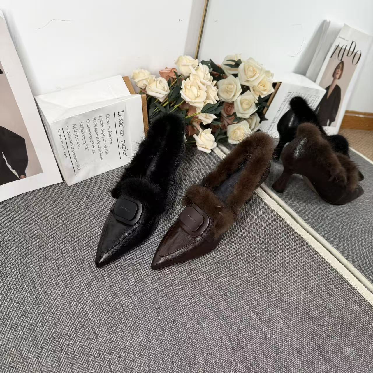 【毛毛鞋】SLM/牛皮/6CM/33-40/1016R初冬真皮尖头高跟百搭貂毛女鞋