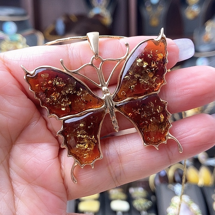 琥珀颈饰银S925镶嵌吊坠